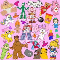 an image of children's cartoon character stickers on a pink background with the words,