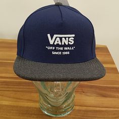 New Vans Blue And Gray Snapback Hat Casual Navy Hat With Flat Bill, Casual Navy Flat Bill Hat, Blue Flat Brim Hats For Outdoor, Casual Blue Snapback Hat With Curved Brim, Casual Navy Trucker Hat With Flat Bill, Casual Blue Flat Brim Hat, Casual Blue Adjustable Snapback Hat, Blue Baseball Cap For Winter Outdoor Activities, Blue Curved Brim Baseball Cap For Winter