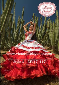 Make a statement in this off the shoulder floral ballgown with ruffled skirt by Ragazza Fashion Morena y Esencia 2019 Collection MV17-117 during your Quinceañera party or for any formal event. Made out of tulle and floral embroidery, this beautiful Sweet 15 charro dress features a lovely off shoulder bodice embellished with beautiful floral appliques accented with beads, long A-line skirt with voluminous ruffles, horsehair hemline, a gorgeous sweep train, and a lace-up corset back. Embellished Dresses For Quinceanera, White Embellished Dress For Quinceanera, Fitted Wedding Dress For Fiesta, Charro Dress, Floral Ballgown, Long A Line Skirt, Pretty Quinceanera Dresses, Girl Red Dress, Quince Dress