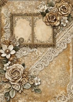 an old photo frame decorated with flowers and lace