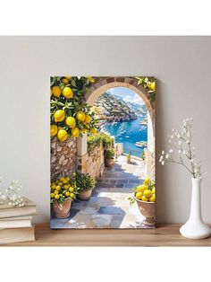 an open door with lemons and flowers on the outside, leading to a beautiful view