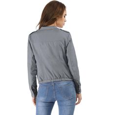 Refresh your Moto jacket collection with this lightweight jacket. Simple and understated, designed with a stand collar and center-front zip closure, making it versatile for styling up and down. It boasts button embellishments across the cuffs and neckline, inspired by the classic biker design. A contemporary join on a classic design, pair it this with jeans or over a dress for a chic outfit. Casual Spring Windbreaker With Zipper Closure, Casual Utility Jacket With Stand Collar, Casual Solid Utility Jacket With Stand Collar, Casual Fitted Biker Jacket With Stand Collar, Spring Casual Windbreaker With Stand Collar, Casual Windbreaker With Ykk Zipper, Casual Spring Windbreaker With Stand Collar, Versatile Long Sleeve Outerwear With Zipper Closure, Spring Workwear Biker Jacket With Stand Collar