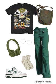 a pair of green pants, black shirt and headphones