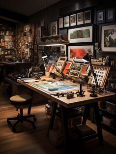 a room with many pictures on the wall and an old fashioned desk in front of it