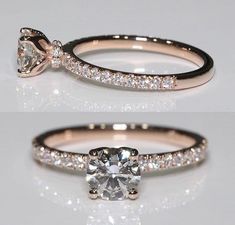 two different views of an engagement ring with diamonds on the side and in the middle