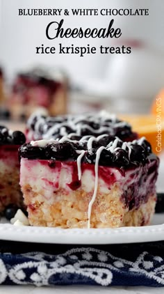 an advertisement for blueberry and white cheesecake rice krispie treats