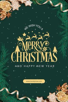 merry christmas and happy new year greeting card with pine cones, oranges and star decorations