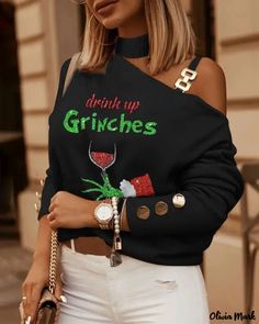 Color: black, Size: XL Off Shoulder Long Sleeve Top, Christmas Package, Christmas Tops, Black Button, Ladies Tops Fashion, Olivia Mark, Grinch, Shoulder Sleeve, Geometric Print