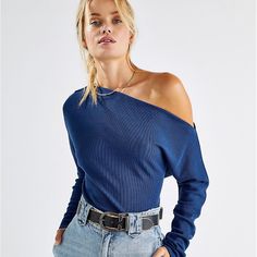 Free People Off The Shoulder Waffle Knit Shirt. New With Tags. Size Small Navy Ribbed Long Sleeve Top, Navy Long Sleeve Ribbed Top, Spring Navy Ribbed Top, Spring Ribbed Navy Tops, Navy Ribbed Tops For Spring, Chic Blue Ribbed Sweater, Casual Denim Blue Top For Layering, Chic Blue Knit Top For Layering, Blue Ribbed Sweater For Spring