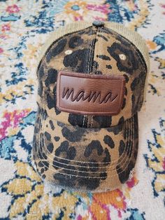 Adjustable leopard print cap with brown embroidery mama patch Brown Embroidery, Trucker Cap, Caps Hats, Leopard Print, Accessories Hats, Ships, Baseball, Embroidery