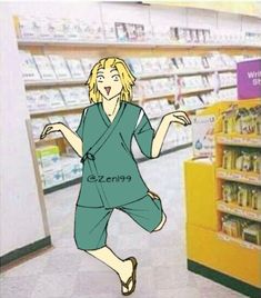 a cartoon character is running through a grocery store aisle