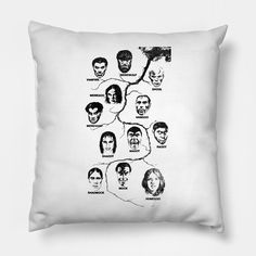 a black and white pillow with the faces of many people on it, all drawn in different ways