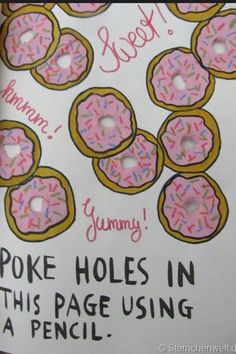 a book with pink frosted donuts on it's cover and the words poke holes in this page using a pencil