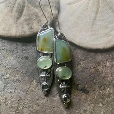 Peruvian Opal, Prehnite, and Tourmaline set in handcrafted sterling silver Bohemian Green Earrings With Gemstone Accents, Green Gemstone Artisan Earrings, Green Artisan Gemstone Earrings, Artisan Green Gemstone Earrings, Unique Silver Multi-stone Earrings, Green Multi-stone Sterling Silver Earrings, Peruvian Opal, Bold Jewelry, Artisan Earrings