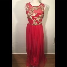 Stunning Red Formal Gown With Intricate Gold Embroidery & Sequins Overlaying A Mesh Material!! Whole Dress Has A Mesh Top Coat With Full Lining Underneath -16.5 Inches From Armpit To Armpit, 52 Inches In Length -Loops On Each Side Of Dress At Waist To Accessorize A Beautiful Belt Over The Dress 100% Polyester, Dress Pulls Over Head, No Closure Festive Sleeveless Spring Gown, Red Embroidered Floor-length Maxi Dress, Embroidered Floor-length Maxi Dress For Prom, Sleeveless Christmas Wedding Gown, Festive Embroidered Red Maxi Dress, Prom Maxi Dress With Embroidery, Prom Embroidered Maxi Dress, Red Embroidered Maxi Length Gown, Red Embroidered Maxi Dress For Wedding