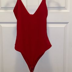 Red, Size 8, Pretty Little Thing Plunge Body Suit, Nwt Chic Red Bodysuit For The Beach, Chic Red Swimwear For Night Out, Red V-neck Bodysuit For Spring, Spring Red V-neck Bodysuit, Chic Red Bodysuit For Summer, Red One-piece Swimwear For Night Out, Red Fitted V-neck Bodysuit, Fitted Red V-neck Bodysuit, Red Lined Backless Bodysuit