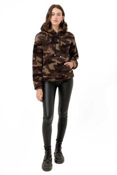 "Camo Sherpa Fleece Pullover Hoodie with adjustable drawstrings Lightweight ultra soft.  So comfortable! So warm! So soft! Kangaroo pocket. Waist length Bodice Model is wearing a size small:  Height 5' 9\", Bust 32\", Waist 23.5\", Hips 43.5\" Fit: Relaxed fit. Care: Hand wash cold, Do not bleach, Do not Tumble Dry. No Iron. Material: 100% Polyester" Athleisure Hoodie With Side Pockets For Fall, Fall Athleisure Hoodie With Side Pockets, Fall Hoodie With Kangaroo Pocket For Loungewear, Comfy Hoodie With Kangaroo Pocket For Fall, Comfy Fall Hoodie With Kangaroo Pocket, Stretch Hoodie For Winter Outdoor, Stretch Winter Hoodie For Outdoor, Cozy Fall Hoodie With Side Pockets, Winter Outdoor Stretch Hoodie