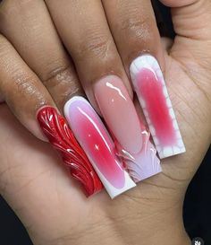 Christmas Freestyle Nails, Pink And Red Aura Nails, Nail Cam, Bedazzled Nails, Wigs Hairstyles, Tapered Square Nails, Acrylic Toes, Acrylic Toe Nails, Long Acrylic Nail Designs