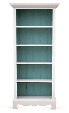 a white bookcase with green shelves on the top and bottom shelf, against a white background