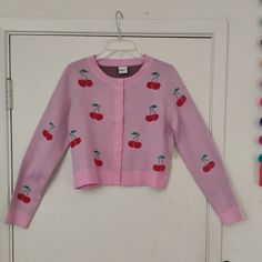 Pink Cherry Cardigan Nwt Size Large Button Front Acrylic Cute Red Spring Sweater, Cute Red Spring Cardigan, Fitted Button-up Sweater With Snap Buttons, Cute Crew Neck Spring Cardigan, Cute Spring Crew Neck Cardigan, Cute Cotton Cardigan With Button Closure, Cute Long Sleeve Buttoned Cardigan, Cotton Cardigan With Button Closure, Cute Style, Red Long Sleeve Sweater With Button Closure