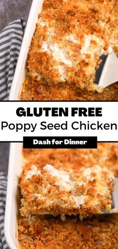 gluten free poppy seed chicken casserole is shown in a white dish