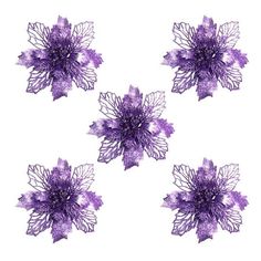 four purple flowers on a white background