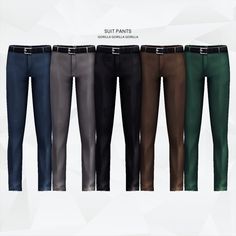 four different colored pants with black, brown, green, and blue colors on them