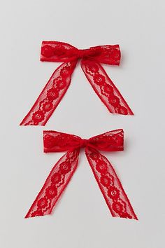 Sweet little hair bows on an easy clip backing. Set of two. Content + Care Set of 2 90% Polyester, 10% brass Spot clean Imported | Mini Lace Hair Bow Clip Set in Red, Women's at Urban Outfitters Mark My Words, Hair Bow Clip, Tiny Bow, Hair Ribbons, 5 Gifts, Bow Clip, Doll Costume