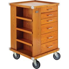 a wooden cart with five drawers and four casteors on the bottom shelf is shown against a white background