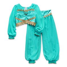 two piece pajama set in turquoise with gold trimmings on the bottom