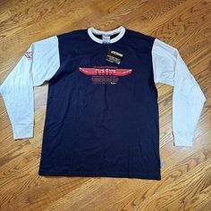 Brand New Dead Stock! Never Worn! Retro Long Sleeve Navy Top, Navy Retro Long Sleeve Top, Navy Long Sleeve Retro Tops, Casual Long Sleeve Pre-shrunk Shirt, Navy Long Sleeve Top With Graphic Print, Jeans Shirt, Hip Hop Streetwear, Y2k Baggy, New Vintage