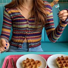 Comfy Retro Outfits, Crochet Cardigan Stripes, 90s Cozy Outfits, Knitted Cardigan Aesthetic, Colorful Edgy Outfits, 90s Cardigan Outfit, Funky Fall Outfits, Grandma Fashion Aesthetic, V Neck Cardigan Outfit