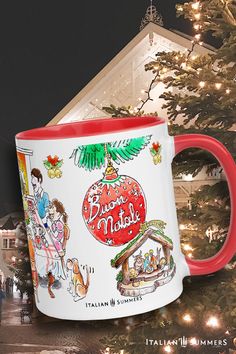 there is a coffee mug that has been decorated with images of people and christmas trees