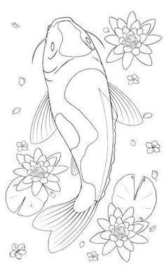 a drawing of a koi fish with flowers on the side and water lilies around it