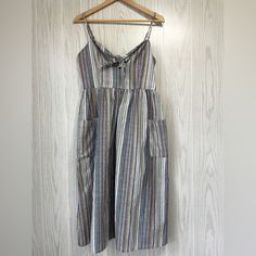 Miami Beautiful Multi Stripped Cotton Summer Dress Size L Nwot Step Into Summer With The Miami Beautiful Multi Striped Cotton Dress, Perfect For Those Warm, Sunny Days! This Adorable Dress, In A Comfortable Size L, Showcases Neutral Multicolored Stripes That Capture The Essence Of Summer Fun. Crafted From Lightweight, Breathable Cotton, It Ensures You Stay Cool And Stylish No Matter The Occasion. Whether You're Heading To A Beach Party Or A Casual Brunch, This Dress Is Your Go-To Choice. What Se Casual Striped Spaghetti Strap Dress, Casual Striped Dress With Spaghetti Straps, Striped Cotton Midi Dress For Vacation, Striped Dresses With Pockets For Vacation, Striped Cotton Dresses With Pockets, Casual Striped Cotton Midi Dress, Miami Dresses, Cotton Summer Dress, Cotton Dress Summer