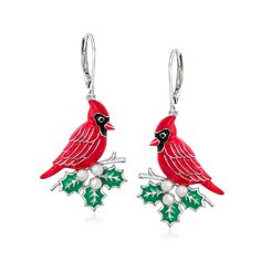 Ross-Simons - 3-3.5mm Cultured Pearl, Multicolored Enamel Cardinal Drop Earrings. An RS exclusive. A special style for your winter wardrobe, our sweet cardinal drop earrings carry a message of hope and joy, among other meaningful sentiments. Brightly shining in red and black enamel, the symbolic birds gently perch on green enamel leaves with pretty 3-3.5mm cultured freshwater button pearl berries. Finely crafted in polished sterling silver. Hanging length is 1 3/4". Leverback, enamel and white pearl cardinal drop earrings. Pearl birthstones are the perfect gift for June birthdays. Pearl Birthstone, Special Style, Mother Of Pearl Jewelry, Fine Jewelery, Mixed Metal Jewelry, Message Of Hope, Jewelry Essentials, Earrings Pearl, Keshi Pearls