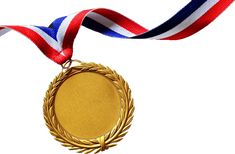 a gold medal with a red, white and blue ribbon around it