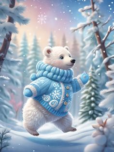 a painting of a polar bear wearing a blue sweater and mittens in the snow