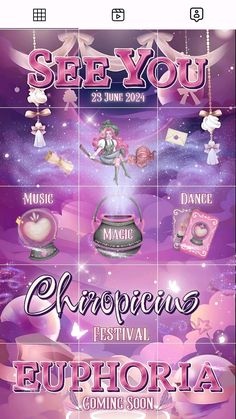 the poster for see you festival is shown in pink and purple colors, with an image of