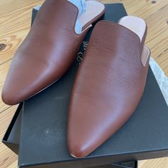 Brand New In Box, Never Worn. But, For Some Reason There Is A Scuff On The Tip Of The Left Shoe. I Missed The Deadline To Return. Chic Brown Calf Leather Mules, Leather Low Heel Mules For Business, Brown Pointed Toe Mules For Work, Chic Leather Mules For Office, Casual Brown Calf Leather Mules, Leather Mules With Almond Toe For Office, Chic Brown Mules With Leather Lining, Chic Brown Mules With Flat Heel, Chic Brown Flat Heel Mules