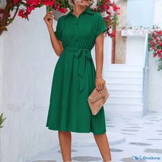 Orcajump - Solid Belted Shirt Dress, Short Sleeve Casual Dress For Summer & Spring, Women's Clothing Shirt Dress Short, Dress For Summer, Belted Shirt Dress, Dress Short Sleeve, Spring Women, Dress Short, Dark Green, Casual Dress, Women's Clothing