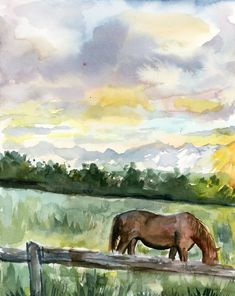 a watercolor painting of a horse eating grass