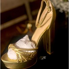 New Shoes. Luxury Wedding Shoes With 4-inch Heel, Luxury Gold Block Heel Heels, Gold Heels With Wrapped Heel And Round Toe, Luxury Gold Block Heels, Designer Gold Platform Sandals, Gold Leather Heels For Evening, Luxury Gold Round Toe Heels, Designer Gold Heels With 4-inch Heel, Gold Wedding Shoes For Evening In Spring