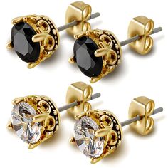 PRICES MAY VARY. Earrings Set - The different color stud earring sets can match your different fashion outfit needs. These golden crown base lateral showing unusual retro embossed design with striking 6 mm central stone, sparkle to make noticeable. Packing - Your order including 1 Pairs black earrings and 1 pairs white CZ gold earrings; A black drawstring pouch, protect the product and prevent loss. Can get ready for gift to the one you love. Hypoallergenic - 316L surgical stainless steel post, Black And Gold Earrings, Gold Earrings For Men, Urban Jewelry, Crown Earrings, Black Stud Earrings, Stud Earrings For Men, Golden Crown, Earring Sets, Studs Men