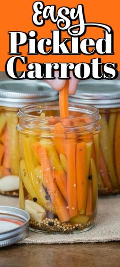 carrots and pickled carrots in mason jars with text overlay reading easy pickled carrots