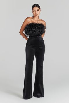 Velvet Sleeveless Black Jumpsuit | NADINE MERABI Black Theme Party Outfit, Chic Black Luxury Strapless Jumpsuit, Black Velvet Jumpsuit Accessories, Black Jumpsuit Feather, Luxury Black Jumpsuit With Sequins, Glamorous Embellished Black Jumpsuit, Black Velvet Jumpsuit, Velour Jumpsuit, Womens Black Jumpsuit