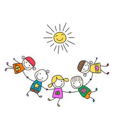 a group of children holding hands with the sun in the sky above them and smiling