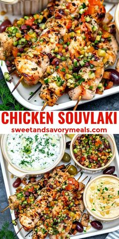 chicken souvlaki with different types of vegetables and sauces