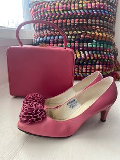 "Lovely 1950's/60's pink leather high heels with flower and matching structured handbag! Shoes are a size 6.5 Very nice vintage condition Purse: 6.5\" tall 8.25\" long 2.75\" wide" Dark Pink Heels, Heels Vintage, Matching Shoes, Scalloped Dress, Brown Leather Heels, Strappy High Heels, Leather High Heels, Pink Heels, Handbag Shoes