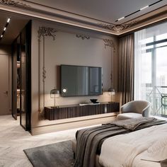 a bedroom with a large bed and a flat screen tv on the wall